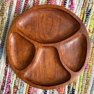 5 Vintage Handcarved Solid Teak Wood Divided Party Plates 9.5x1” Deep MCM